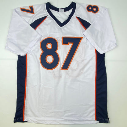 Autographed/Signed Noah Fant Denver White Football Jersey Beckett BAS COA