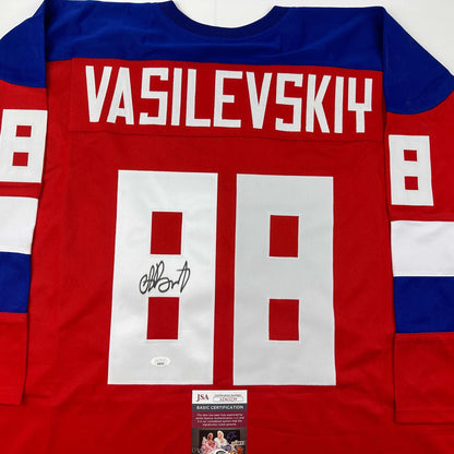Autographed/Signed Andrei Vasilevskiy Team Russia Red Olympics Hockey Jersey JSA COA