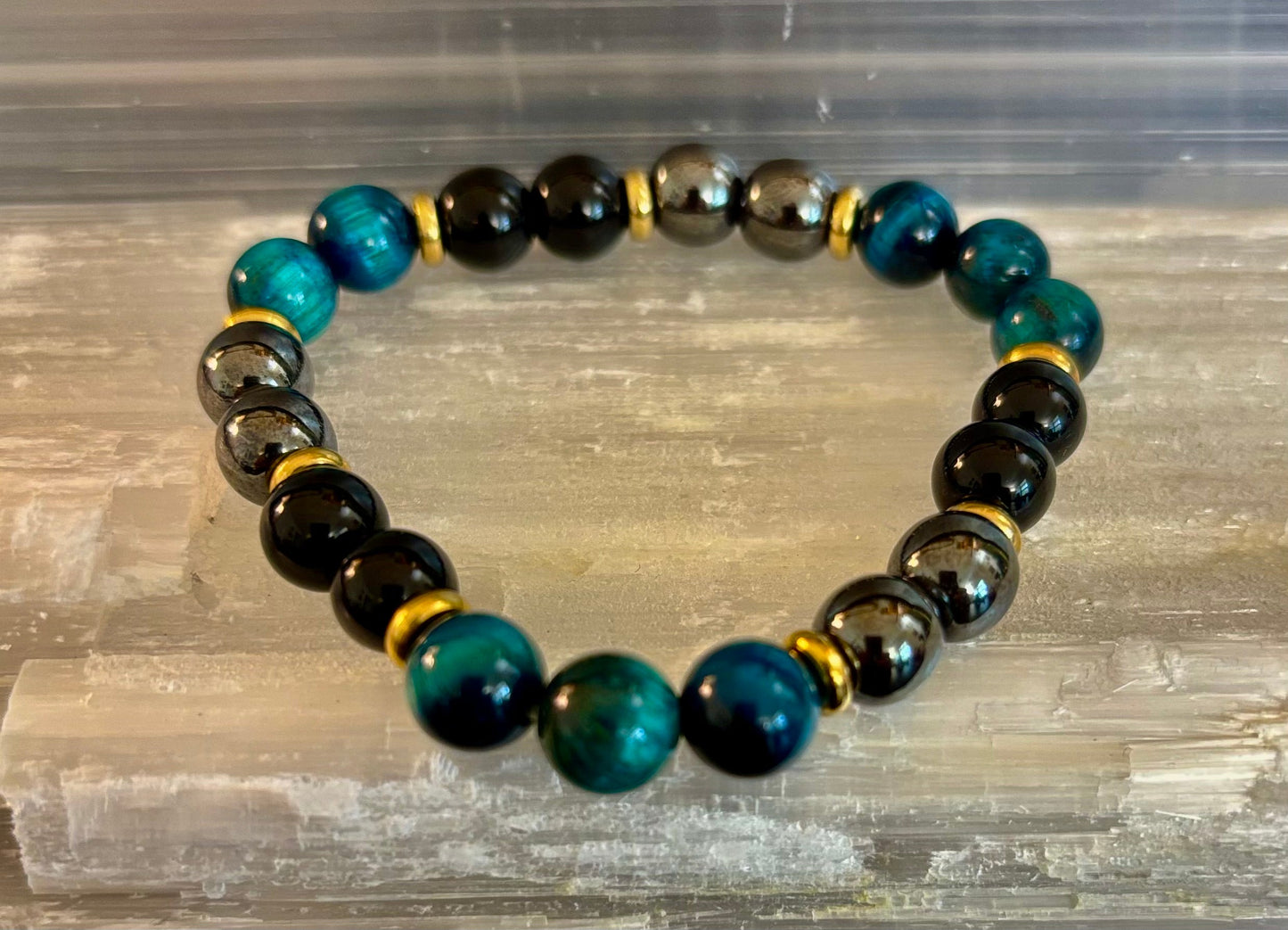 Blue Tiger Eye + Hematite + Onyx Bracelet – Anxiety Relief, Strength & Focus (8mm • Medium Wrist)