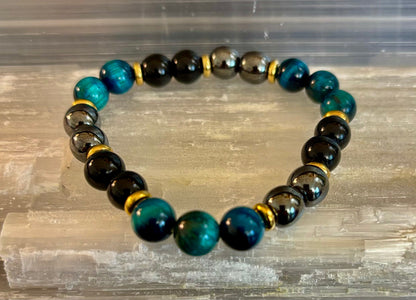 Blue Tiger Eye + Hematite + Onyx Bracelet – Anxiety Relief, Strength & Focus (8mm • Medium Wrist)