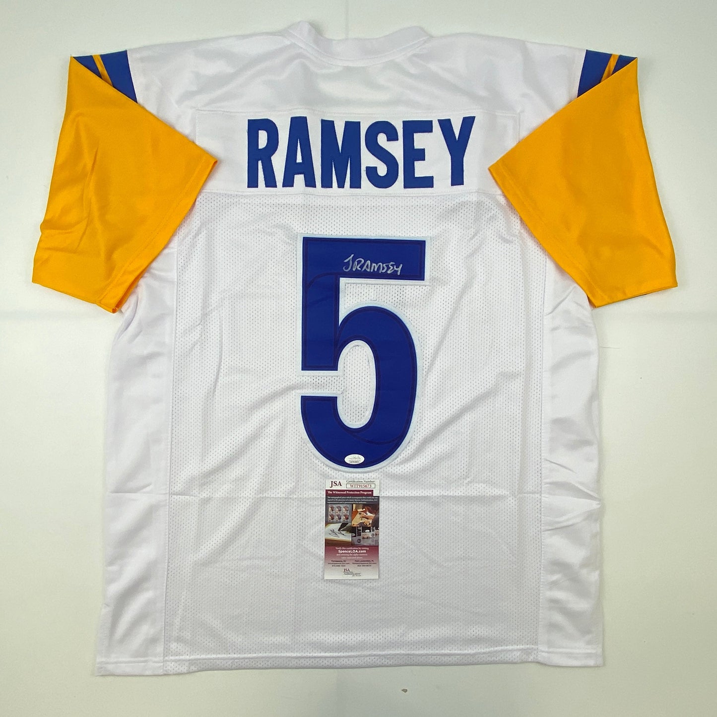 Autographed/Signed Jalen Ramsey Los Angeles LA White Football Jersey JSA COA