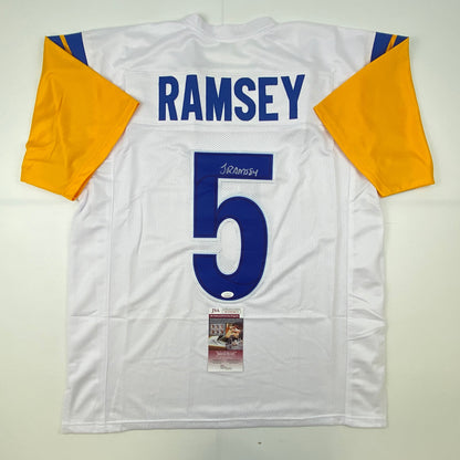 Autographed/Signed Jalen Ramsey Los Angeles LA White Football Jersey JSA COA