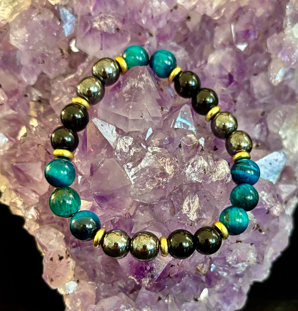 Reiki-Infused Blue Tiger Eye, Silver Hematite & Black Onyx Bracelet for Mental Clarity, Protection & Resilience (8mm)