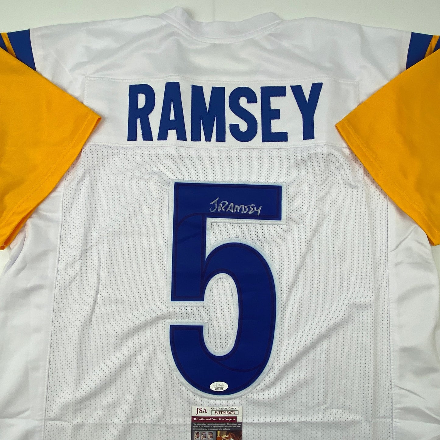 Autographed/Signed Jalen Ramsey Los Angeles LA White Football Jersey JSA COA