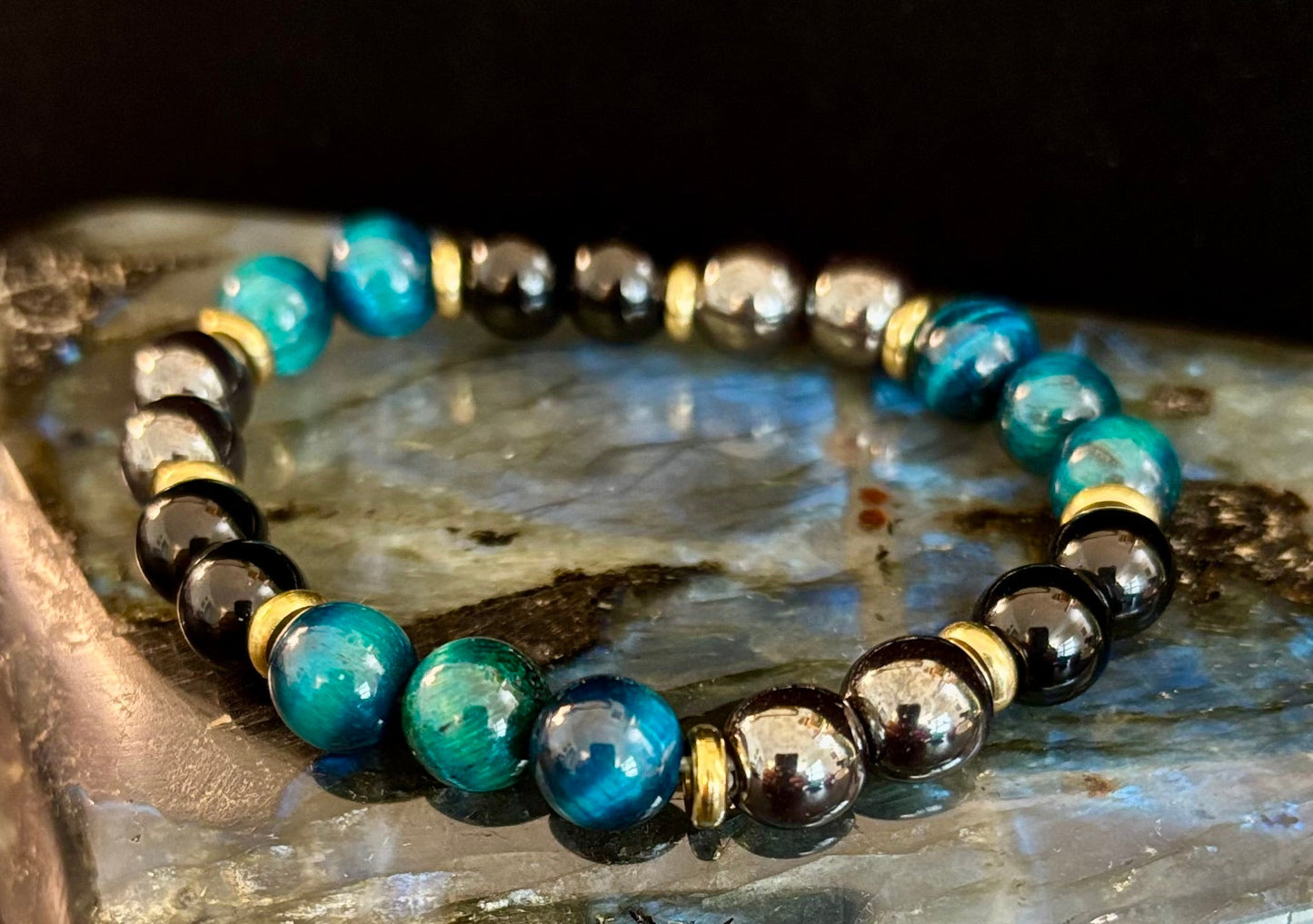 Reiki-Infused Blue Tiger Eye, Silver Hematite & Black Onyx Bracelet for Mental Clarity, Protection & Resilience (8mm)
