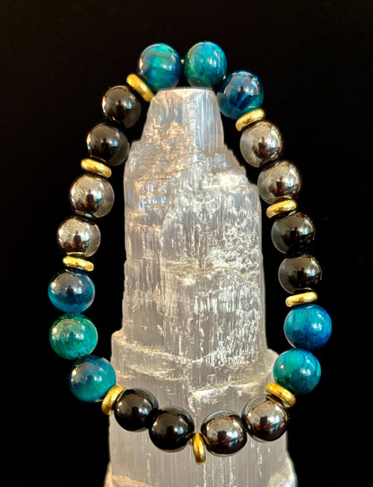 Blue Tiger Eye + Hematite + Onyx Bracelet – Anxiety Relief, Strength & Focus (8mm • Medium Wrist)
