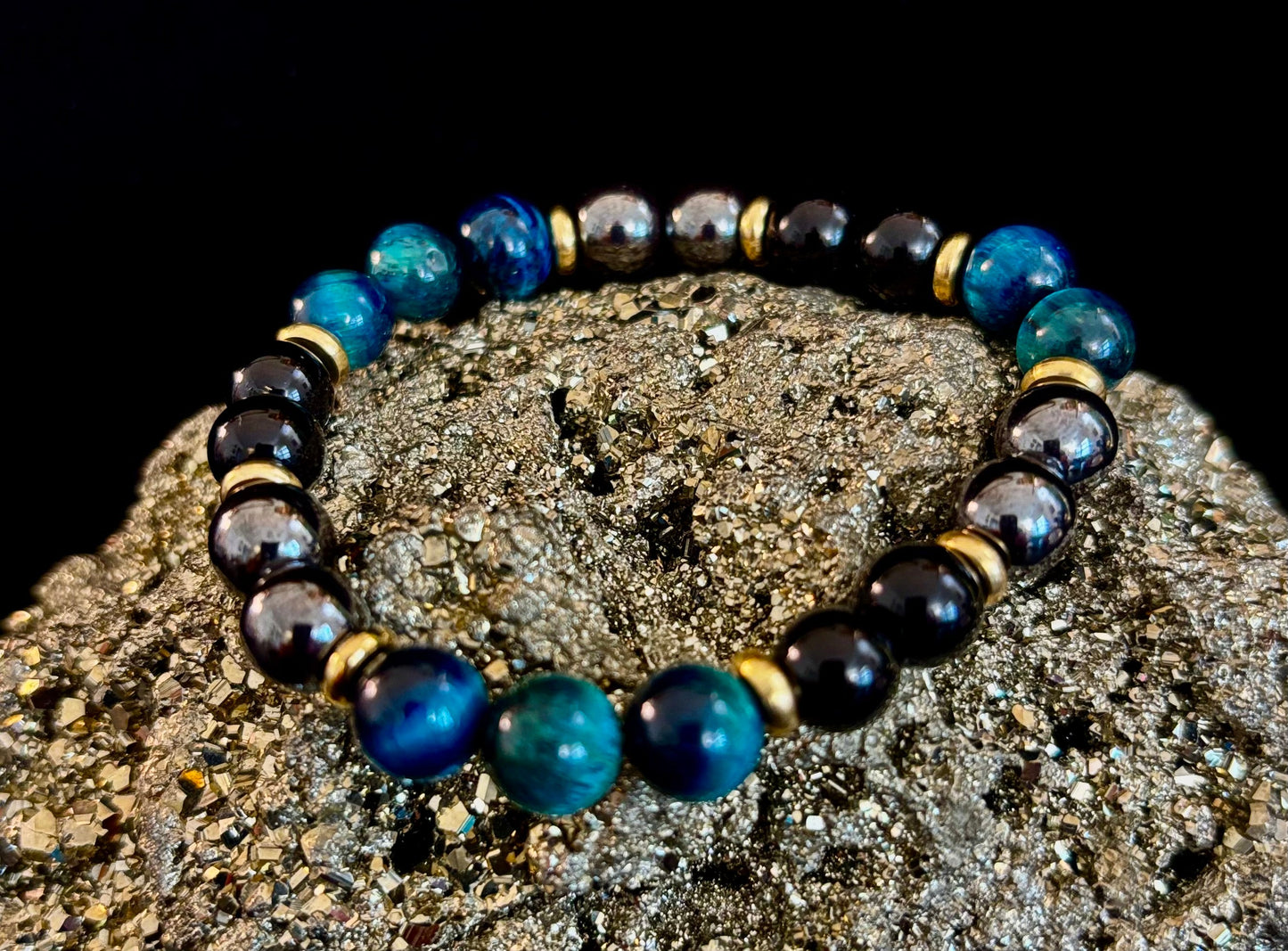 Blue Tiger Eye + Hematite + Onyx Bracelet – Anxiety Relief, Strength & Focus (8mm • Medium Wrist)