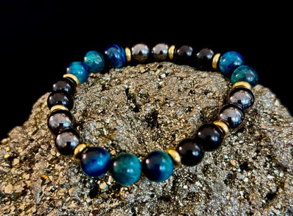 Blue Tiger Eye + Hematite + Onyx Bracelet – Anxiety Relief, Strength & Focus (8mm • Medium Wrist)