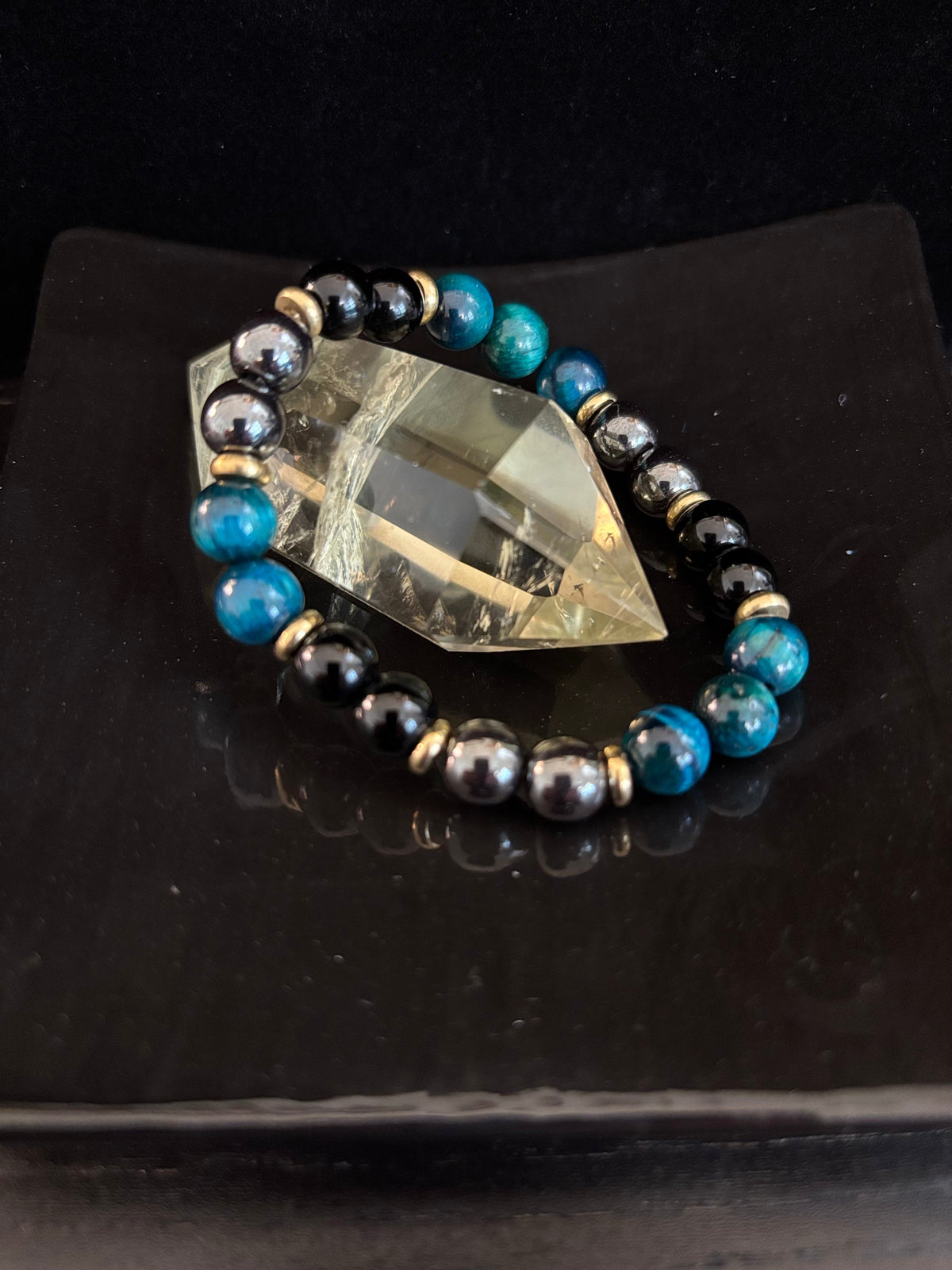 Reiki-Infused Blue Tiger Eye, Silver Hematite & Black Onyx Bracelet for Mental Clarity, Protection & Resilience (8mm)