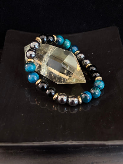 Blue Tiger Eye + Hematite + Onyx Bracelet – Anxiety Relief, Strength & Focus (8mm • Medium Wrist)