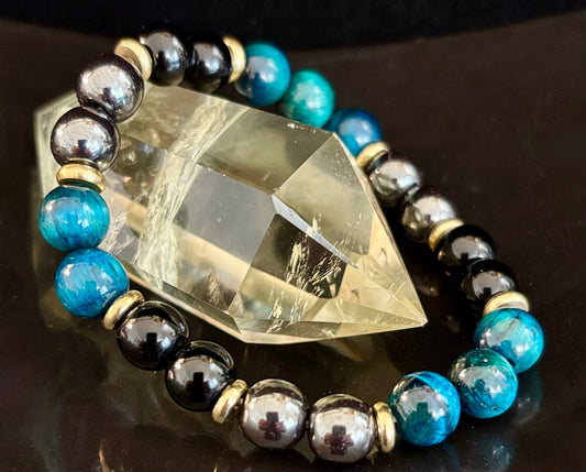 Blue Tiger Eye + Hematite + Onyx Bracelet – Anxiety Relief, Strength & Focus (8mm • Medium Wrist)