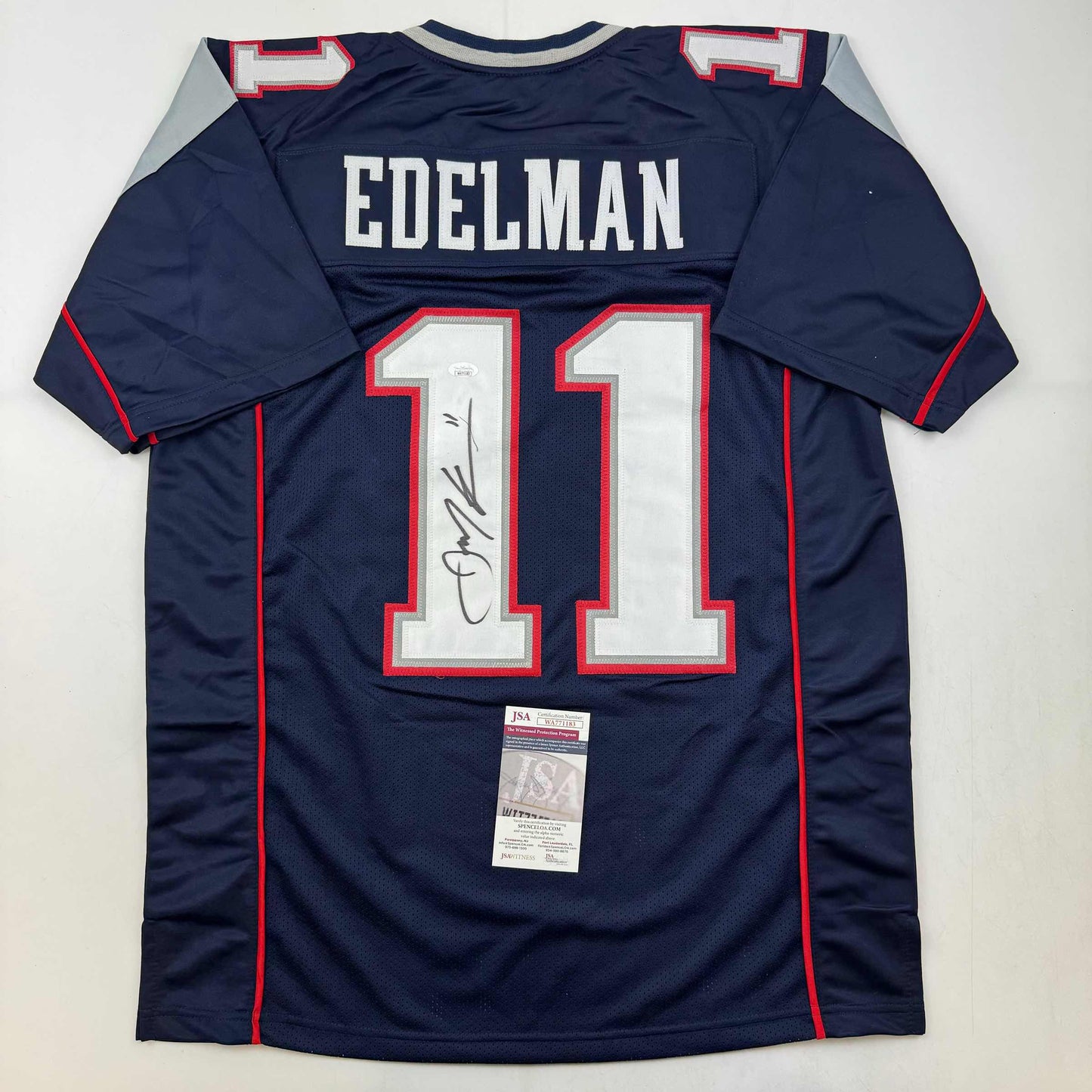 Autographed/Signed Julian Edelman New England Blue Football Jersey JSA COA