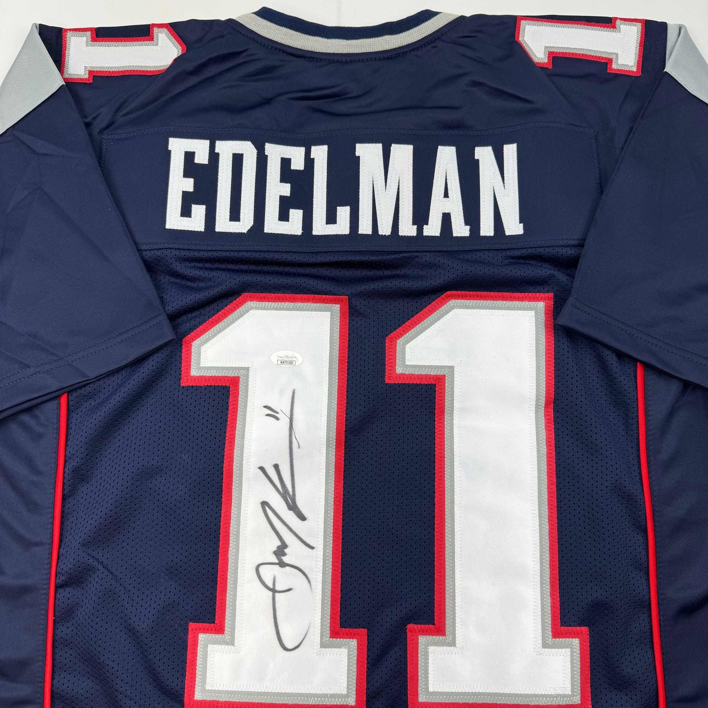 Autographed/Signed Julian Edelman New England Blue Football Jersey JSA COA