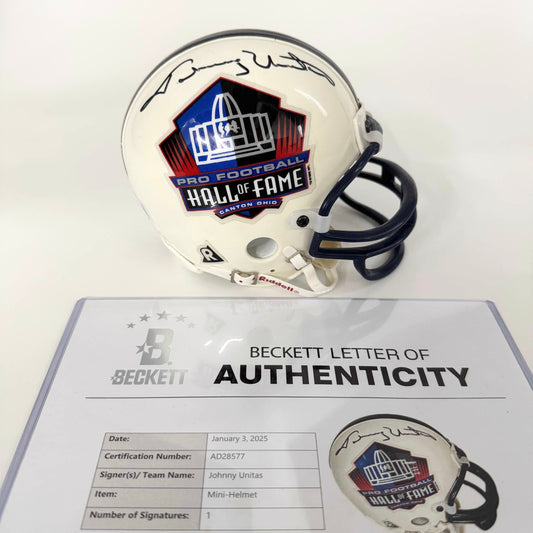 Autographed/Signed Johnny Unitas Hall of Fame Indianapolis Colts Mini Football Helmet Beckett BAS LOA
