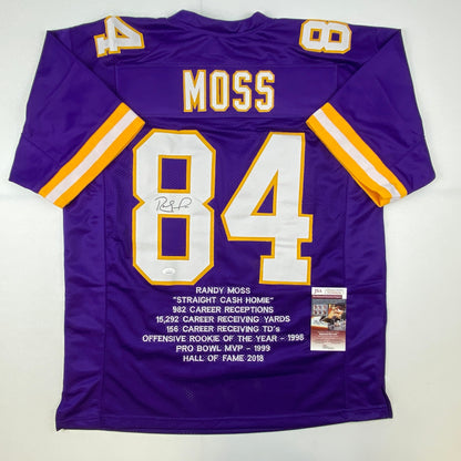 Autographed/Signed Randy Moss Minnesota Purple Stat Football Jersey JSA COA