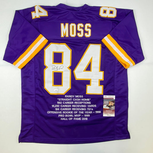 Autographed/Signed Randy Moss Minnesota Purple Stat Football Jersey JSA COA