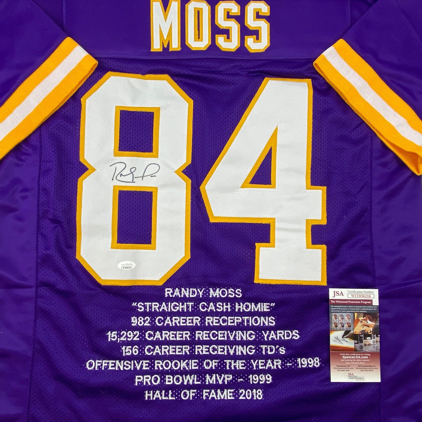 Autographed/Signed Randy Moss Minnesota Purple Stat Football Jersey JSA COA