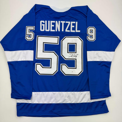 Autographed/Signed Jake Guentzel Tampa Bay Blue Hockey Jersey PSA COA