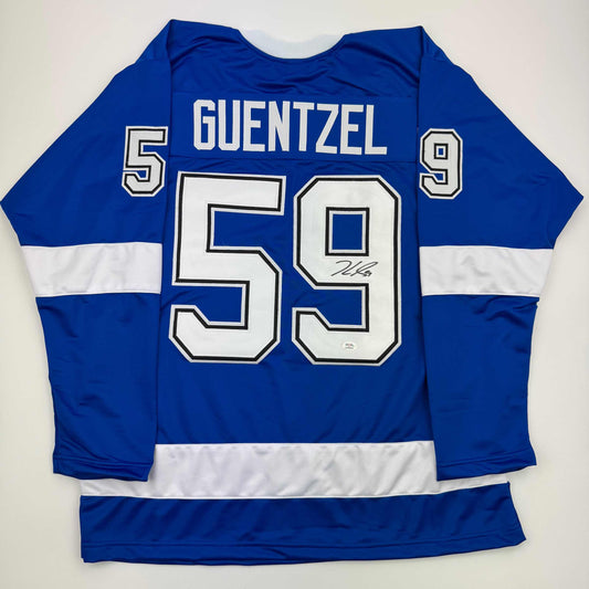 Autographed/Signed Jake Guentzel Tampa Bay Blue Hockey Jersey PSA COA