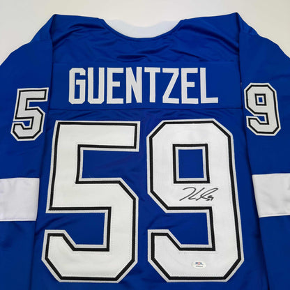 Autographed/Signed Jake Guentzel Tampa Bay Blue Hockey Jersey PSA COA