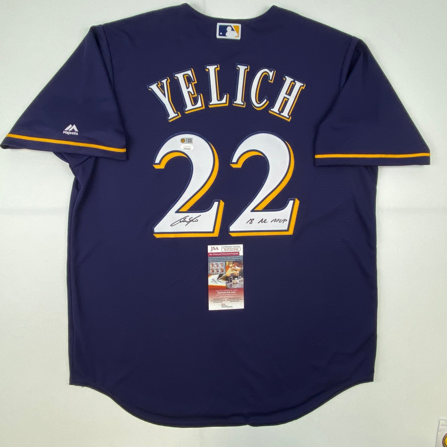 Autographed/Signed Christian Yelich 18 NL MVP Milwaukee Brewers Blue Cool Base Baseball Jersey JSA COA