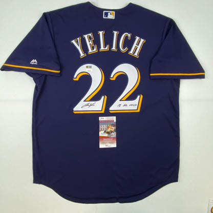 Autographed/Signed Christian Yelich 18 NL MVP Milwaukee Brewers Blue Cool Base Baseball Jersey JSA COA