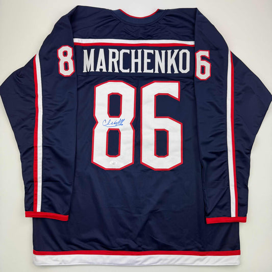 Autographed/Signed Kirill Marchenko Columbus Blue Hockey Jersey JSA COA