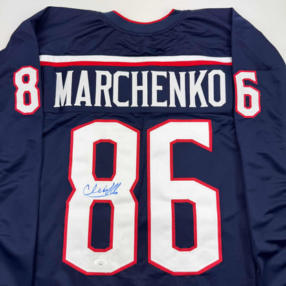 Autographed/Signed Kirill Marchenko Columbus Blue Hockey Jersey JSA COA