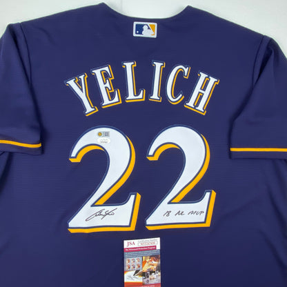Autographed/Signed Christian Yelich 18 NL MVP Milwaukee Brewers Blue Cool Base Baseball Jersey JSA COA