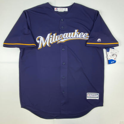 Autographed/Signed Christian Yelich 18 NL MVP Milwaukee Brewers Blue Cool Base Baseball Jersey JSA COA