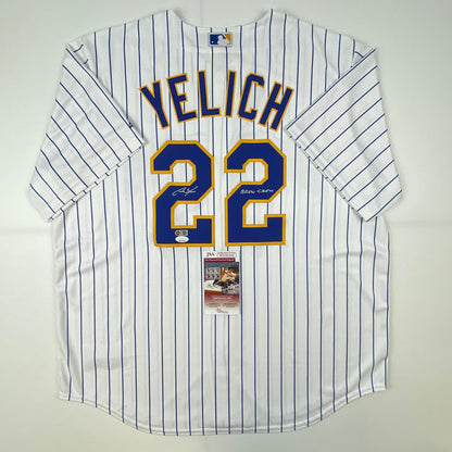 Autographed/Signed Christian Yelich Brew Crew Milwaukee Brewers Pinstripe Cool Base Baseball Jersey JSA COA