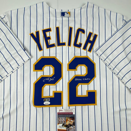 Autographed/Signed Christian Yelich Brew Crew Milwaukee Brewers Pinstripe Cool Base Baseball Jersey JSA COA