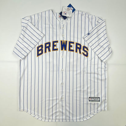 Autographed/Signed Christian Yelich Brew Crew Milwaukee Brewers Pinstripe Cool Base Baseball Jersey JSA COA