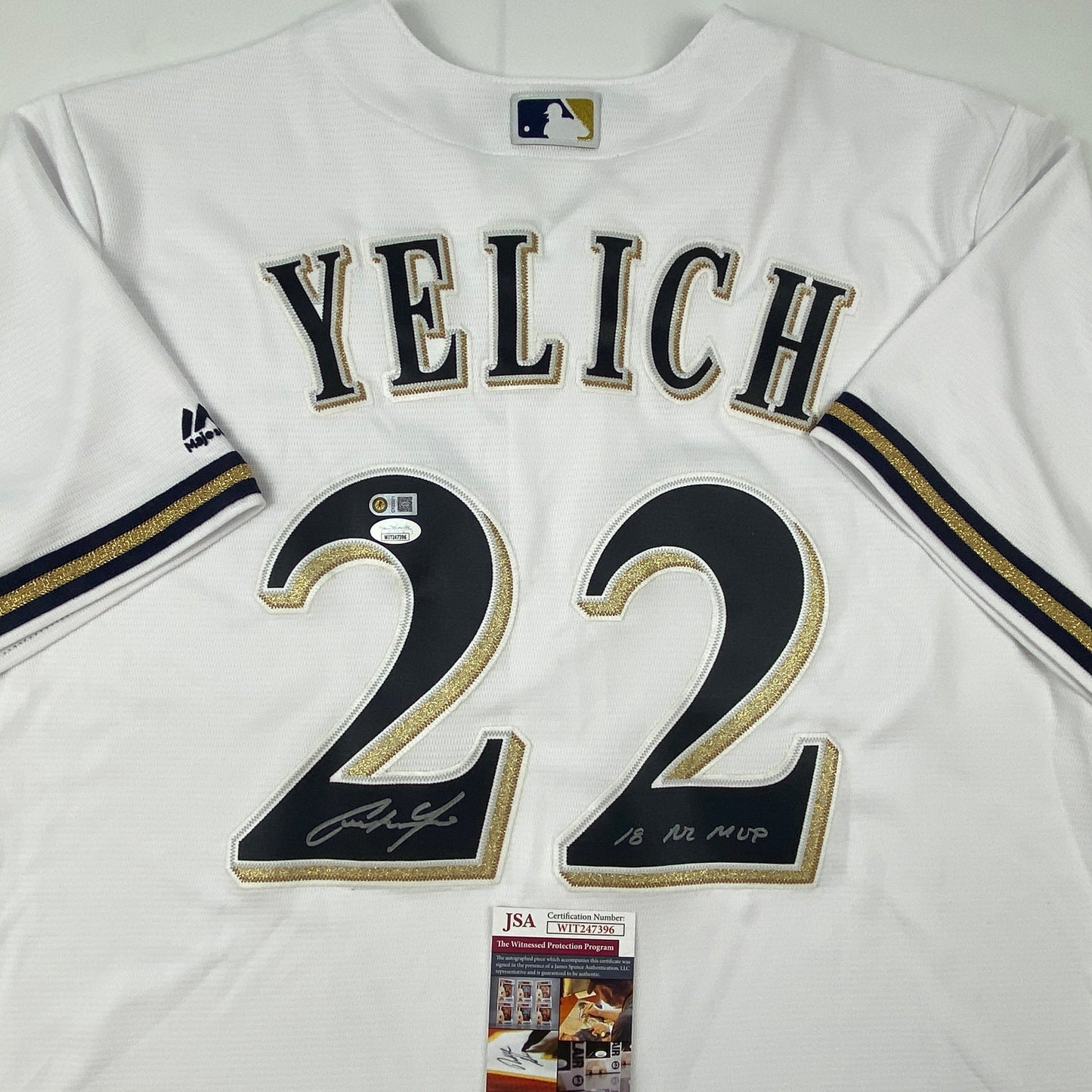 Autographed/Signed Christian Yelich 18 NL MVP Milwaukee Brewers White Cool Base Baseball Jersey JSA COA