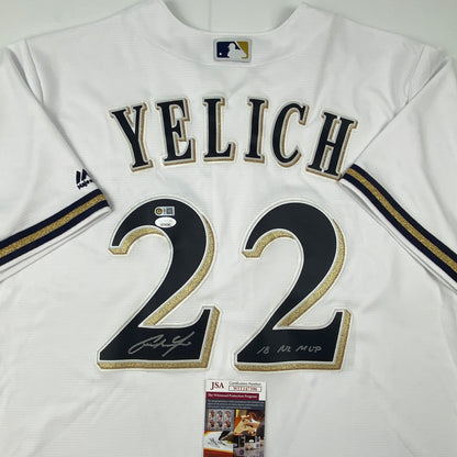 Autographed/Signed Christian Yelich 18 NL MVP Milwaukee Brewers White Cool Base Baseball Jersey JSA COA