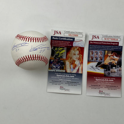 Autographed/Signed Vladimir Vlad Guerrero Jr. & Sr. Rawlings Official Major League Baseball ROML JSA COA Auto