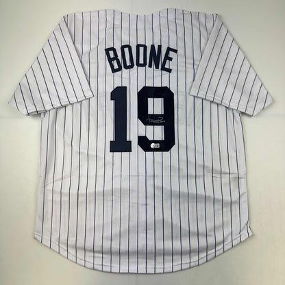 Autographed/Signed Aaron Boone New York Pinstripe Baseball Jersey Beckett BAS COA
