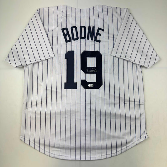 Autographed/Signed Aaron Boone New York Pinstripe Baseball Jersey Beckett BAS COA