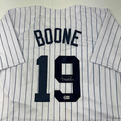 Autographed/Signed Aaron Boone New York Pinstripe Baseball Jersey Beckett BAS COA