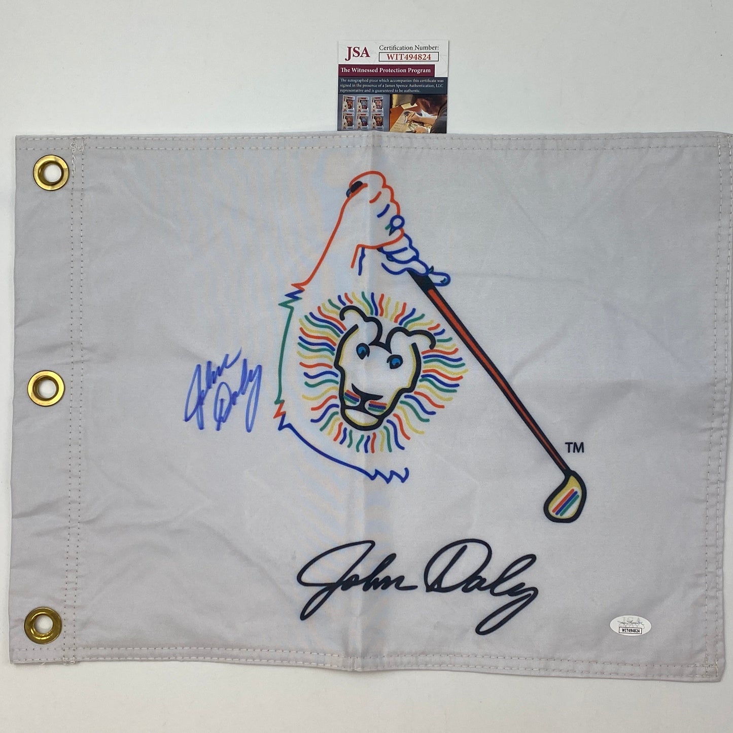 Autographed/Signed John Daly White PGA Championship Golf Flag/Pin JSA COA Auto