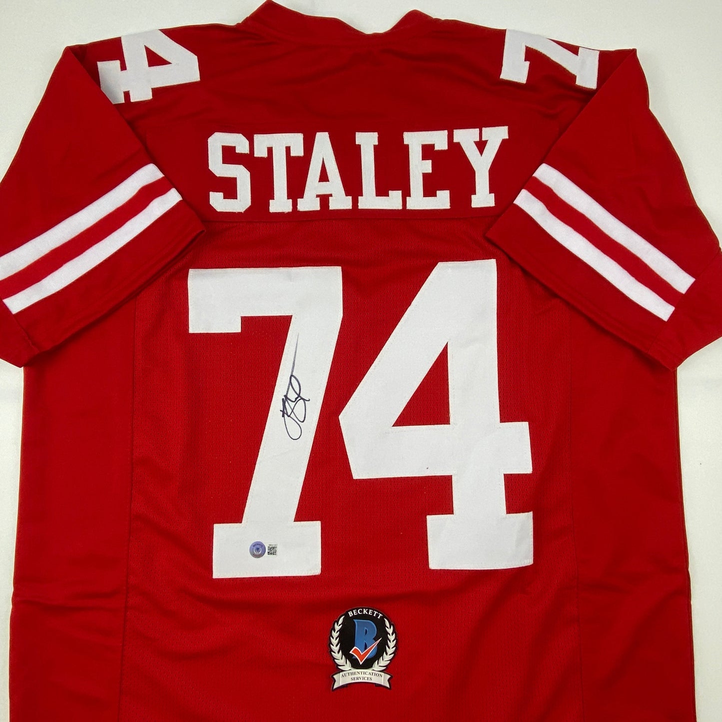 Autographed/Signed Joe Staley San Francisco Red Football Jersey Beckett BAS COA