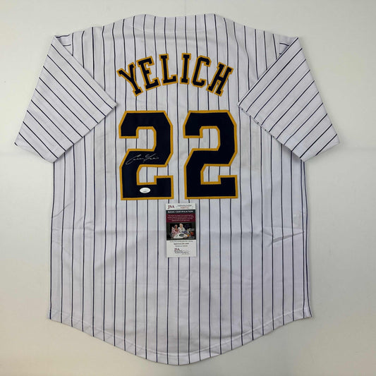 Autographed/Signed Christian Yelich Milwaukee Pinstripe Baseball Jersey JSA COA
