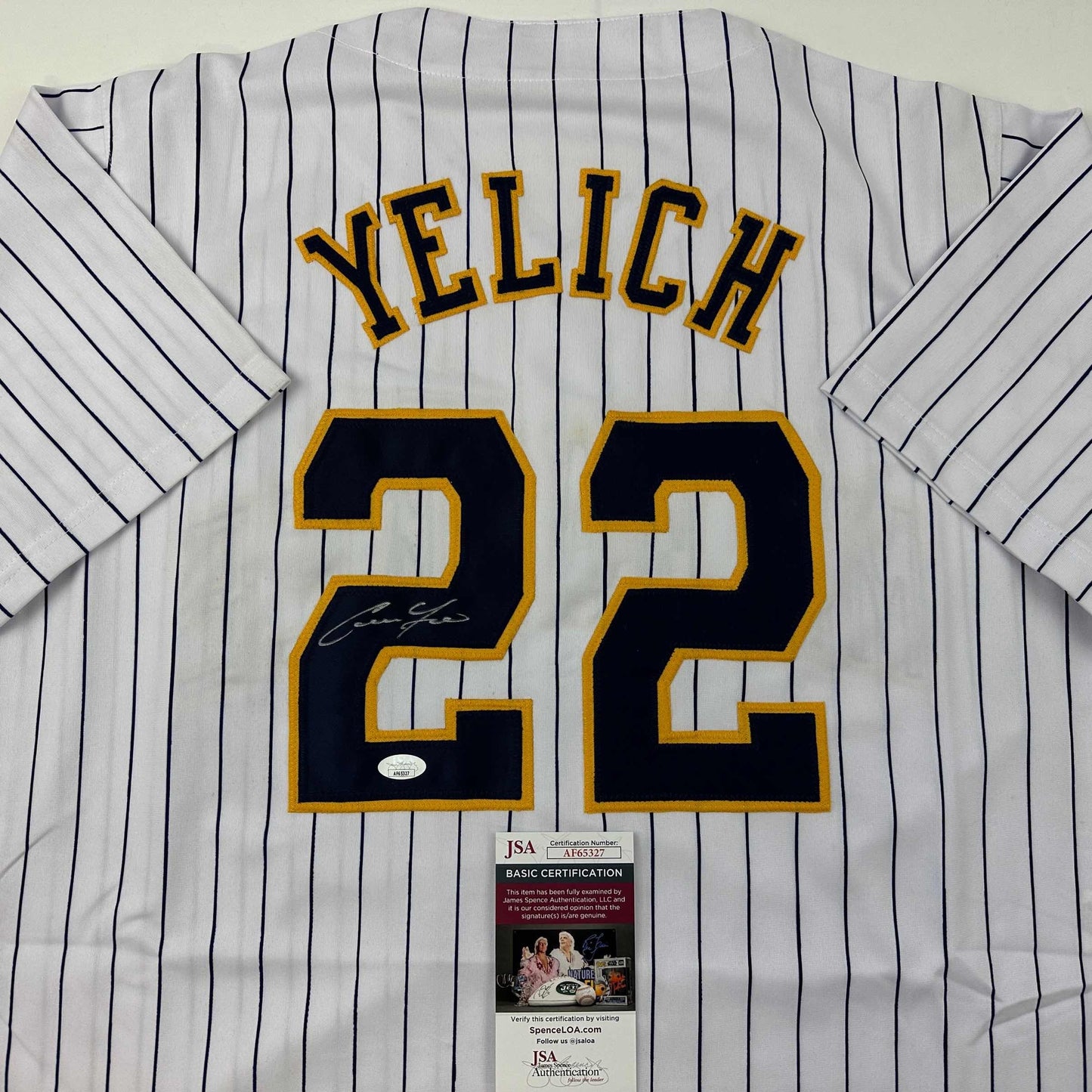 Autographed/Signed Christian Yelich Milwaukee Pinstripe Baseball Jersey JSA COA
