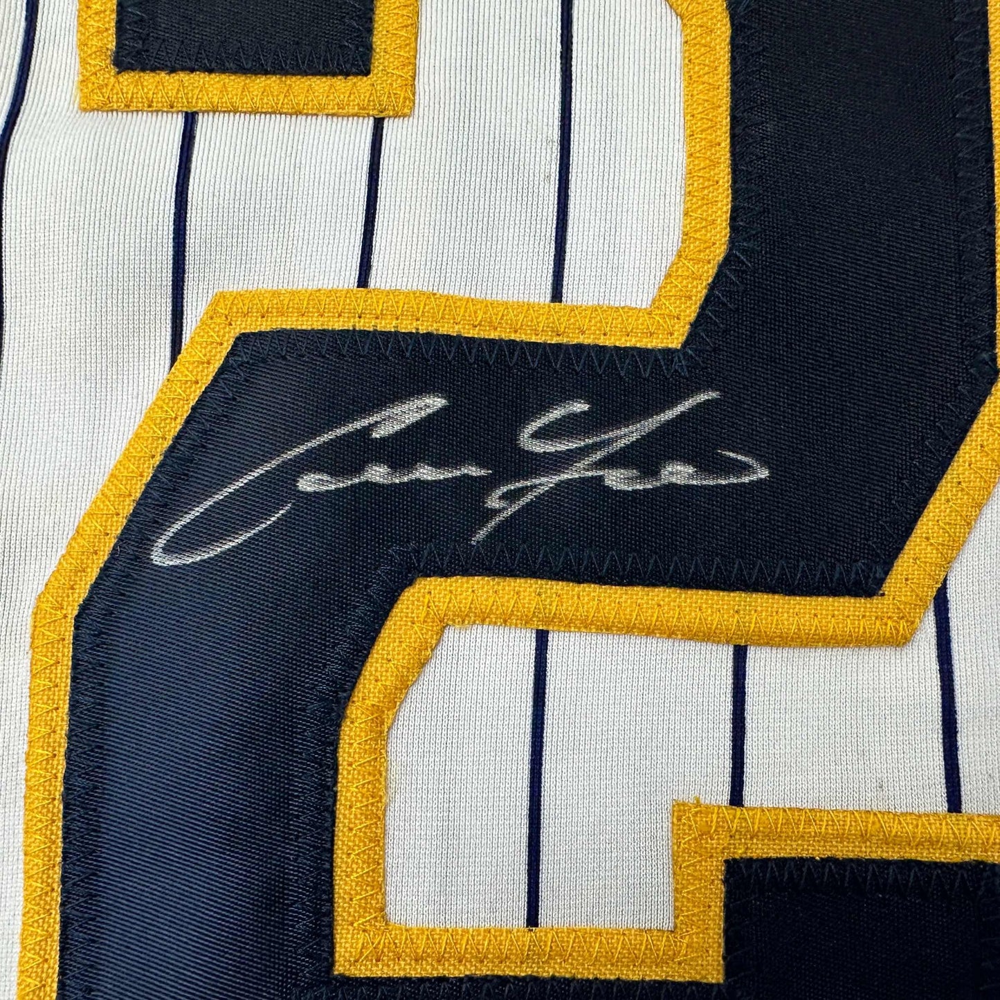 Autographed/Signed Christian Yelich Milwaukee Pinstripe Baseball Jersey JSA COA