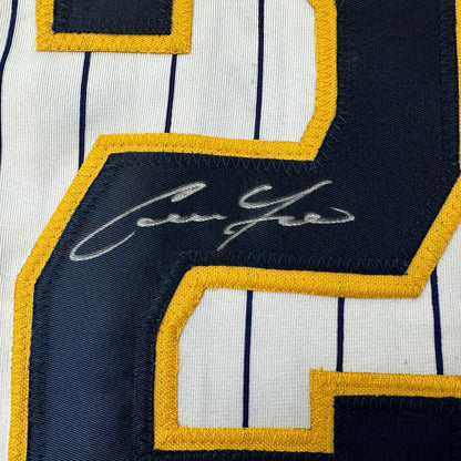 Autographed/Signed Christian Yelich Milwaukee Pinstripe Baseball Jersey JSA COA