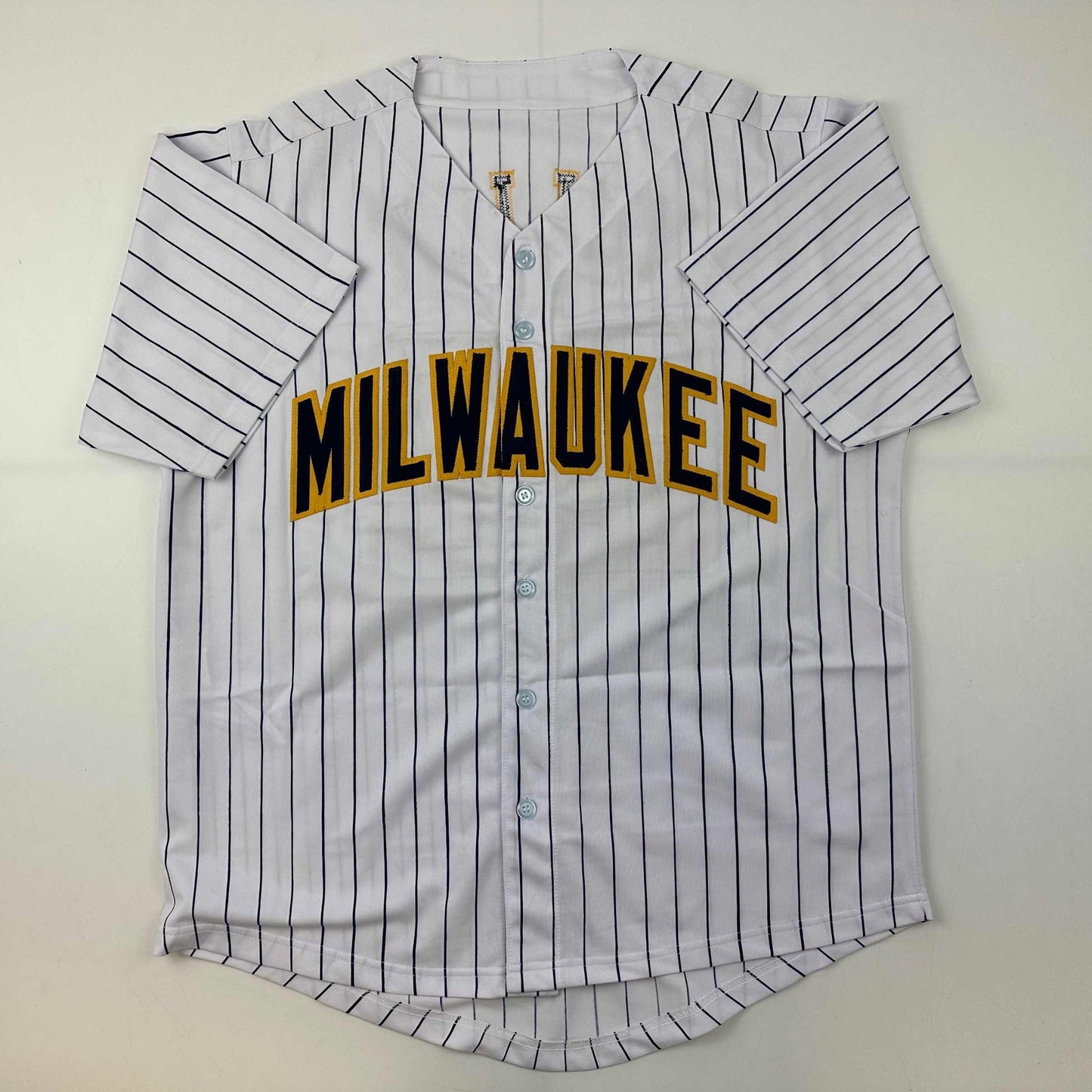 Autographed/Signed Christian Yelich Milwaukee Pinstripe Baseball Jersey JSA COA
