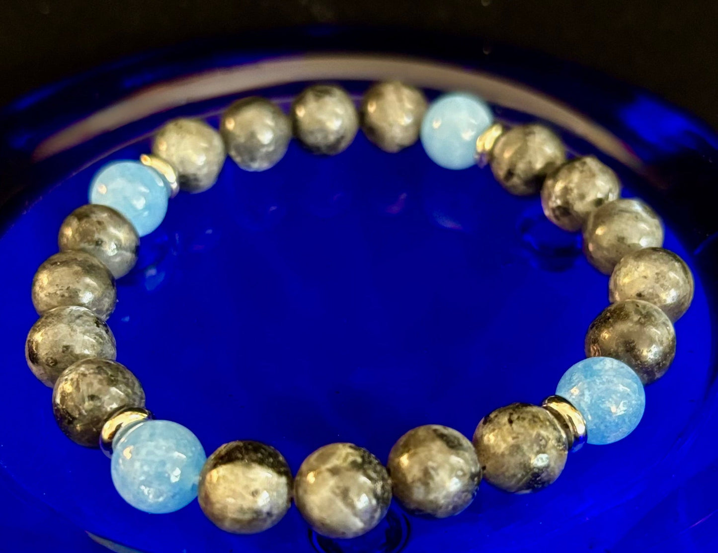 Reiki-Infused Black Labradorite & Aquamarine Bracelet for Protection, Intuition & Peaceful Communication (8mm)