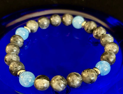 Reiki-Infused Black Labradorite & Aquamarine Bracelet for Protection, Intuition & Peaceful Communication (8mm)
