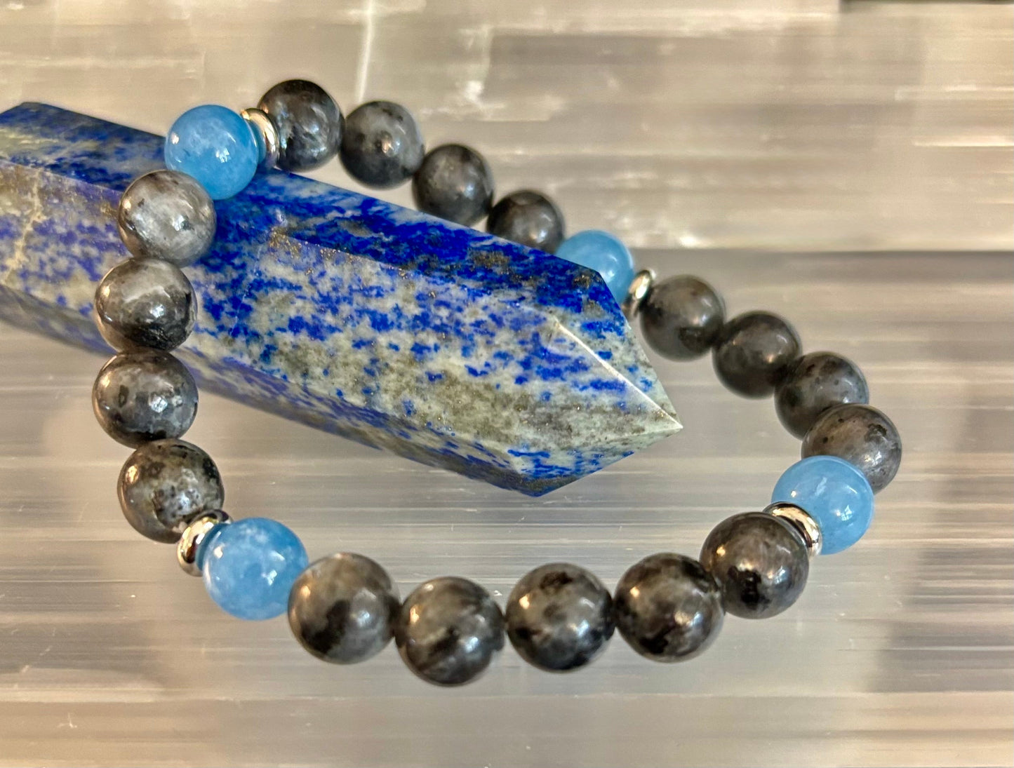 Reiki-Infused Black Labradorite & Aquamarine Bracelet for Protection, Intuition & Peaceful Communication (8mm)