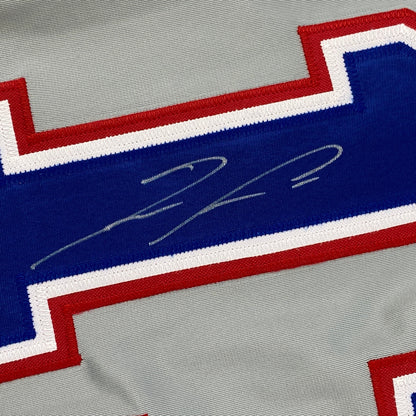 Autographed/Signed Ronald Acuna Jr. Atlanta Grey Retro Baseball Jersey Beckett BAS COA